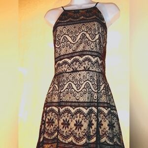 Ryan Michelle black lace over gold spaghetti strap halter fit n flare midi Small